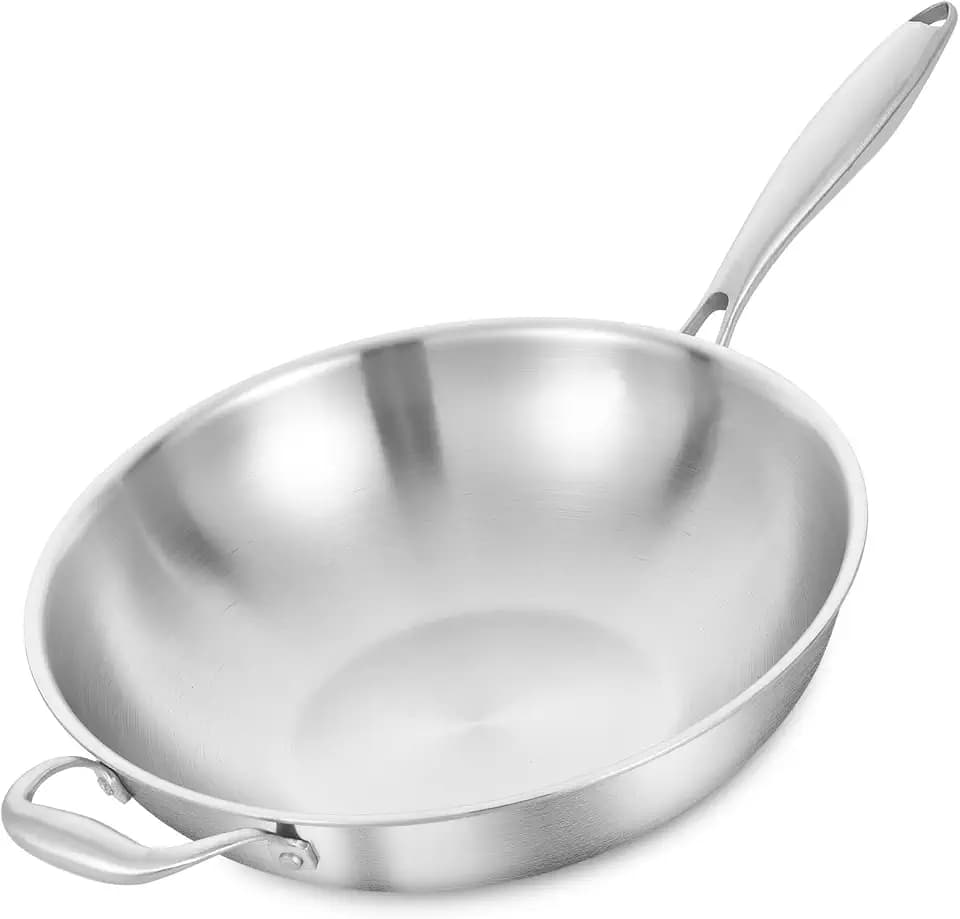 LOLYKITCH 14.5 Inch Stir-Frying Wok Pan | Tri-Ply Stainless Steel