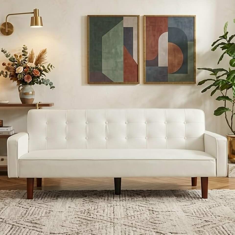 Modern PU Leather 3-Seat Couch, Adjustable Backrest Convertable Sofa, Sleek Minimalist Fold Out Couch Loveseat with Armrests, Sofa for Living Room Home Office Spaces, White