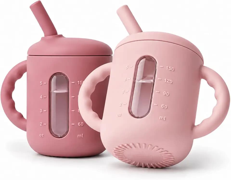 Seposeve 2 Pack Silicone Sippy Cups for Babies 6+ Months, 6 oz Straw Training Cups with Handles, Leak-Resistant Bite-to-Sip Valve, Liquid Level Window, BPA-Free, Purple Pink