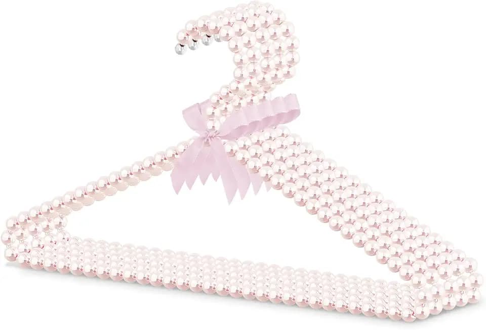 Linkidea 5 Pack Faux Pearl Beaded Clothes Hangers Bulk Pack, Wholesale Multi-Pack Elegant Clothes Dress Wedding Shop Pants Hanger, Closet Coat Storage Organizer Standard Hangers (Pink)