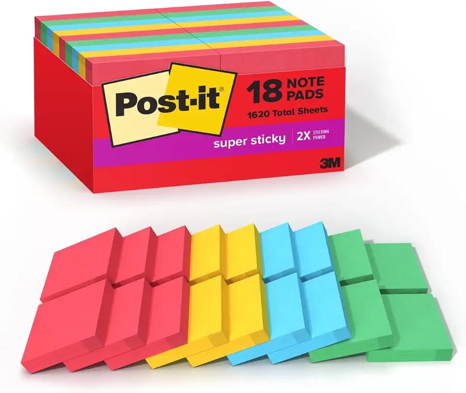 Post-it Super Sticky Notes, 1.88 x 1.88 in, Playful Primaries, 18 Pads