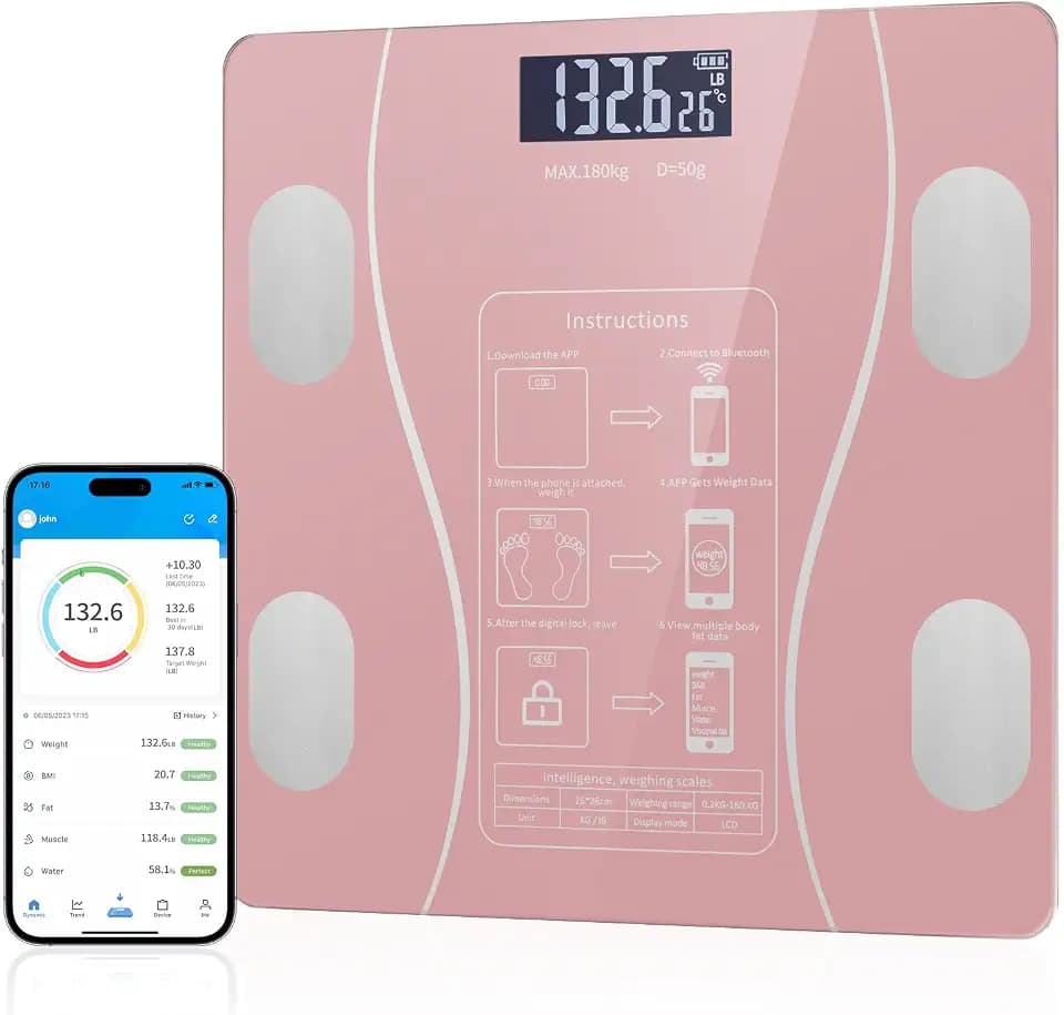 Smart Body Fat Scale with Led Display - Digital Bathroom Scale with Bluetooth, Accurate Body Composition Measurement, Muscle Mass, BMI, and Body Water Analysis (Pink)