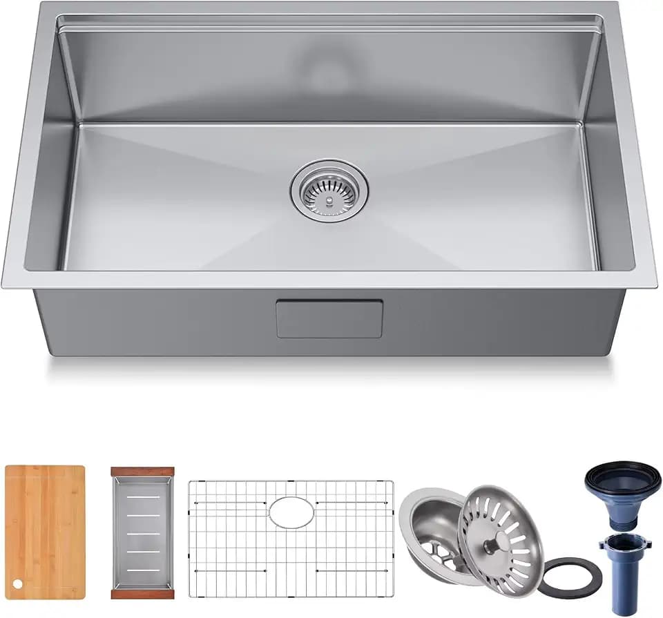 32" Undermount 18 Gauge 304 Stainless Steel Single Bowl Workstation Kitchen Sink with Accessary in 32"Lx19"Wx10"D