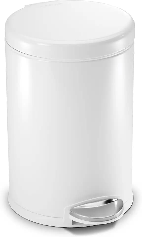 simplehuman Round Step Can, 4.5L / 1.2 Gallon Compact Bathroom Trash Can, 150,000-Step Pedal, Lid Shox® Silent Close, Removable Inner Bucket, White Steel