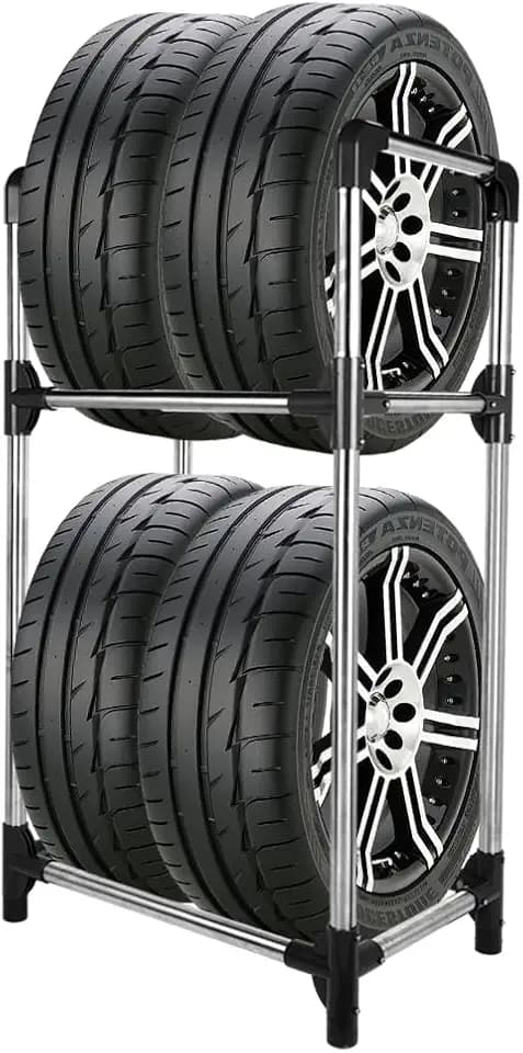 BAOYOUNI Reifenständer für 4 Reifen oder Felgen, 2 Ebenen Freistehendes Reifenregal Robust, Platzsparend Lagerregal für Garage, Keller, Werkstatt, 57,2 x 37,3 x 114,6cm, Grau+Silber