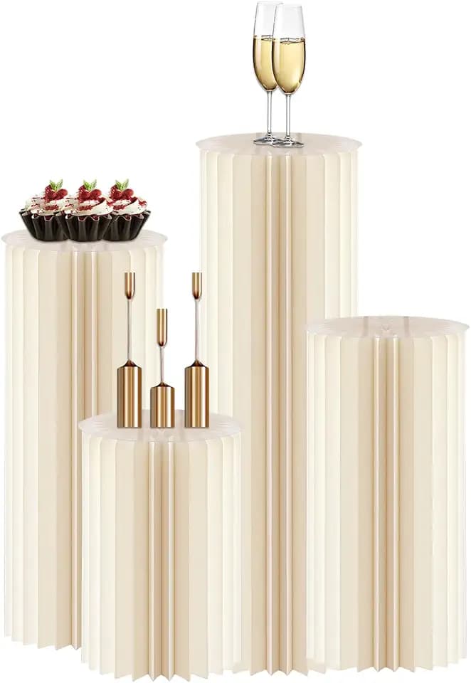 4Pack Cylinder Stands for Party, Foldable Cardboard Columns with 4 Clear Round Top Plates, Cake Display Pedestal Stand for Wedding Banquet Vendor Events Decorative
