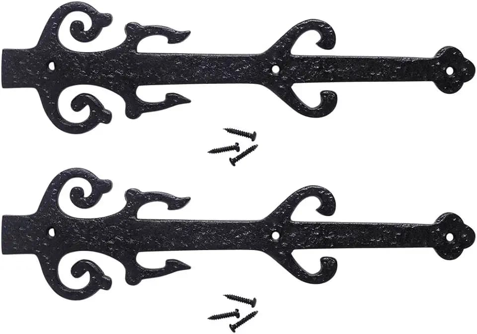 Renovators Supply Manufacturing Garage Door Decorative Hardware 12 in. Black Wrought Iron Poseidon Trident Design Dummy Strap Hinge with Mounting Hardware, Pack of 2