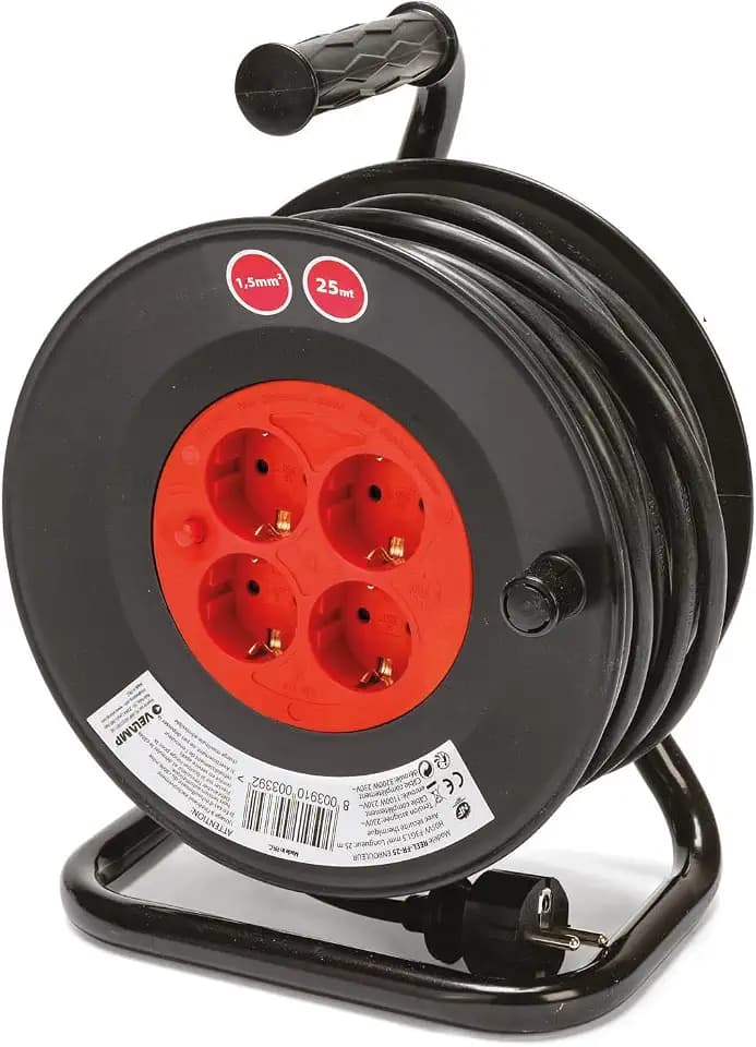 Kabeltrommel 25m, Kabelrolle mit 4 Steckdosen, Kabeltrommel für Indoor mit Kurbel, Überhitzungsschutz, 3200 W, IP20, 230V, Querschnitt 1,5 mm2, Kabeltyp: H05VV-F 3G1,5mm2
