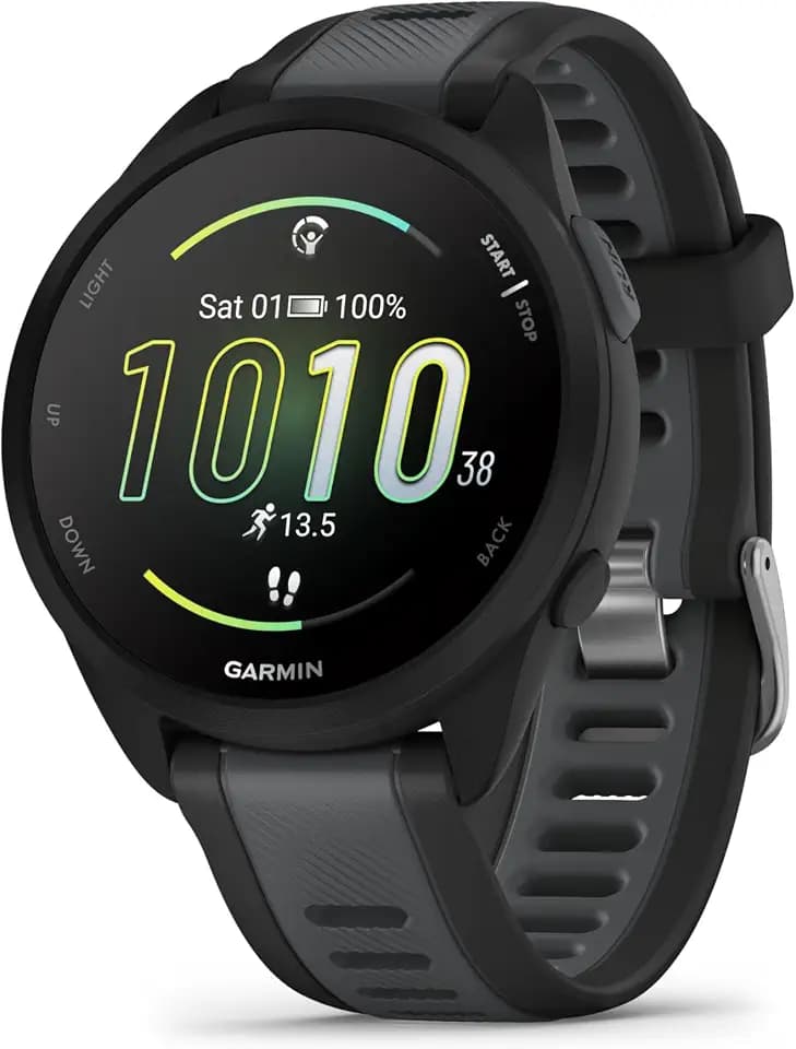 Garmin Forerunner 165 Music, Lauf-Smartwatch, farbenfrohes AMOLED-Display, Trainingsmetriken und Erholungsinformationen, Musik am Handgelenk, Schwarz (erneuert)