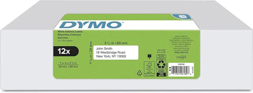 DYMO Authentic LW Mailing Address Labels for LabelWriter Label Printers, White, 1-1/8" x 3-1/2", 12 Rolls of 350 (4200 Total)