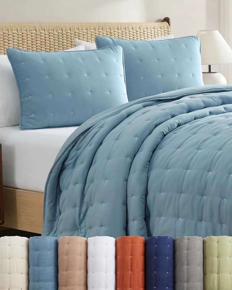 Quilt Set Cal King Size - Lightweight Boho Bed Set - Dust Blue, 118" x 106"