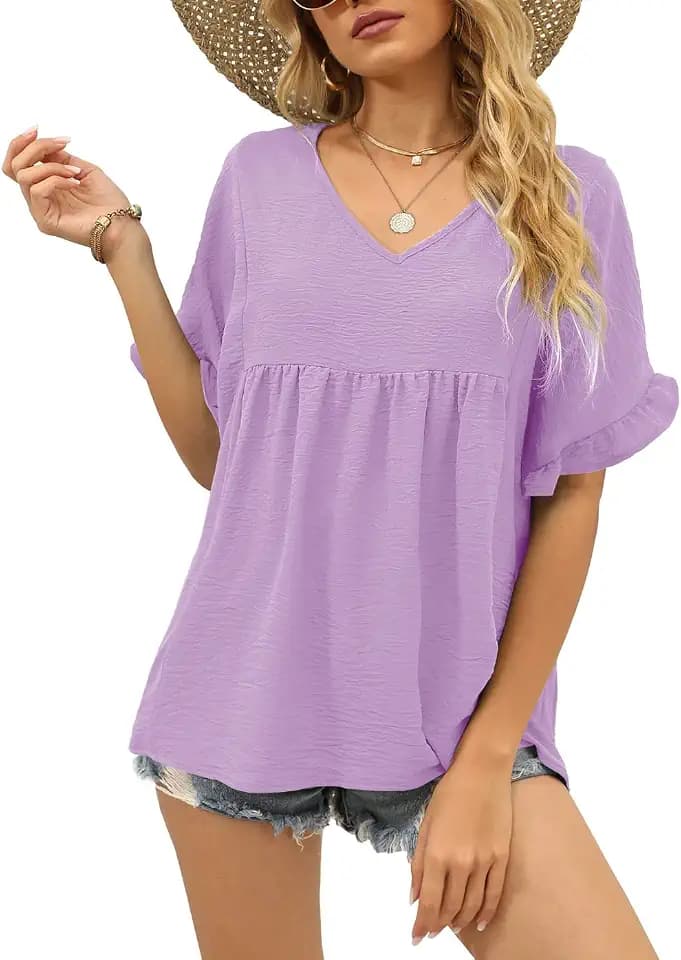WIHOLL Womens Tops Casual V Neck Ruffle Sleeve T Shirts Babydoll Loose Fit Peplum Tops