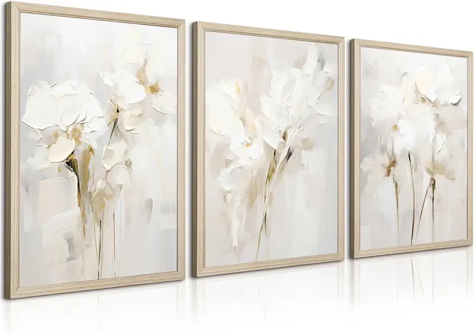 Neutral Wall Art Abstract Floral Canvas Pictures Beige Flower Wall Decor Modern Painting Minimalist Poster Abstract Botanical Prints White Artwork for Bedroom Living Room 12x16x3 Inch Wood Framed