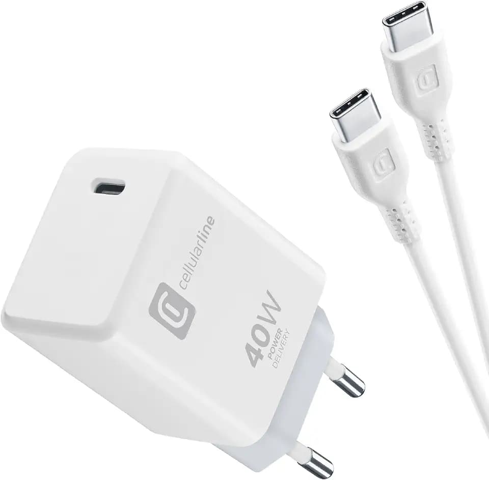 Cellularline Ladegerät-Kit USB-C 40W PD + 100cm Kabel – Schnellladen für iPhone Serie 17, iPad Pro 2025, MacBook – Weiß
