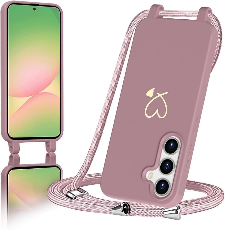 Handyband für Samsung Galaxy A56 5G Hülle mit Band, Handyhülle Silikon mit Goldenem Herzmuster für Samsung A56, Abnehmbare Stoßdämpfend Handytasche mit Nylon-Lanyard,Rosa