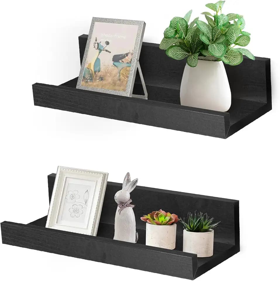 Muzilife 12" Small Floating Shelves Wood Wall Shelf with Lip, 2Pcs, Black