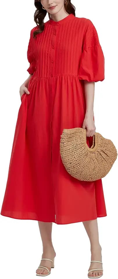 Ladyful Women's Cotton Maxi Dress Button Down Short Sleeve Dresses Tie Waist Flowy A-line Long Shirtdress