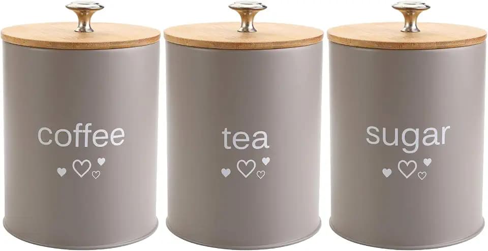 Fasmov Set of 3 Kitchen Canister Set, Coffee, Sugar, and Tea Storage Container Jars with Bamboo Lids for storing Sugar, Coffee and Tea, Gray