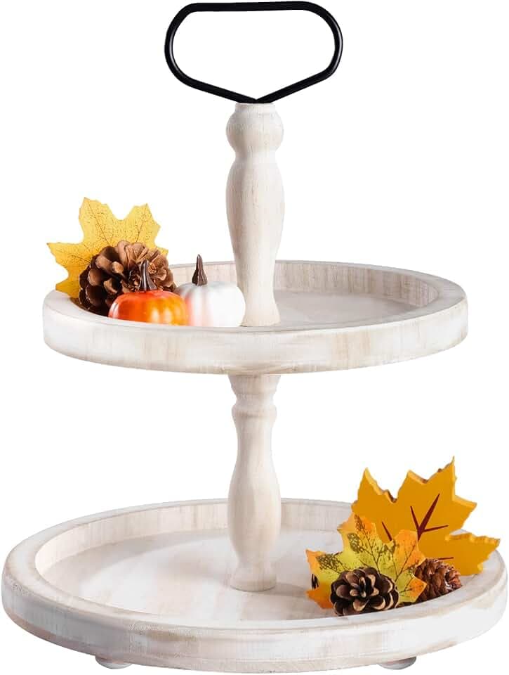 Mustry Rustic Wooden 2-Tier Tray Stand for Farmhouse Kitchen & Home Decor