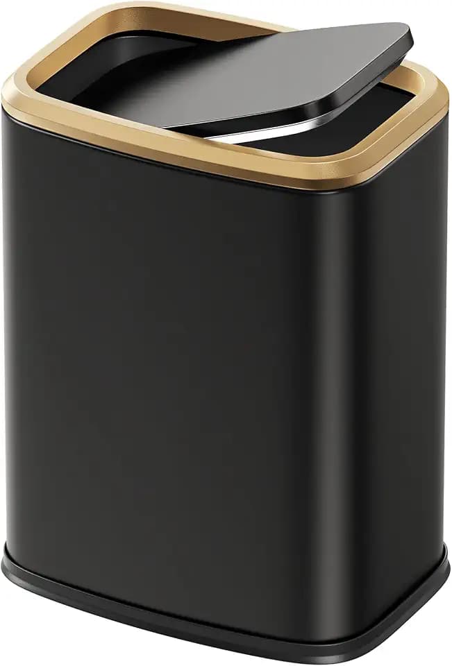 Cesun Small Bathroom Trash Can with Swing Lid, 2.1 Gallons, Black and Gold
