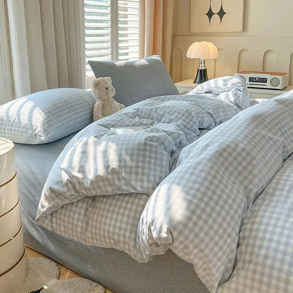 Nayoroom Gingham Duvet Cover Set Queen Blue White Plaid Checkered Bedding