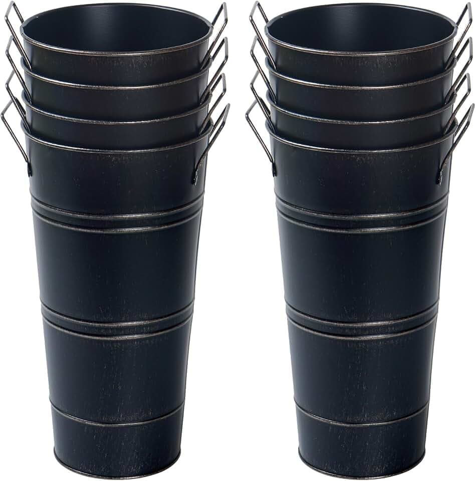 Notakia 10.62 Inch Galvanized Metal Vases Farmhouse French Flower Bucket Vases for Cut Flowers for Home Decor and Wedding Table Centerpiece Decorations (Medium Size Black 8Pcs)
