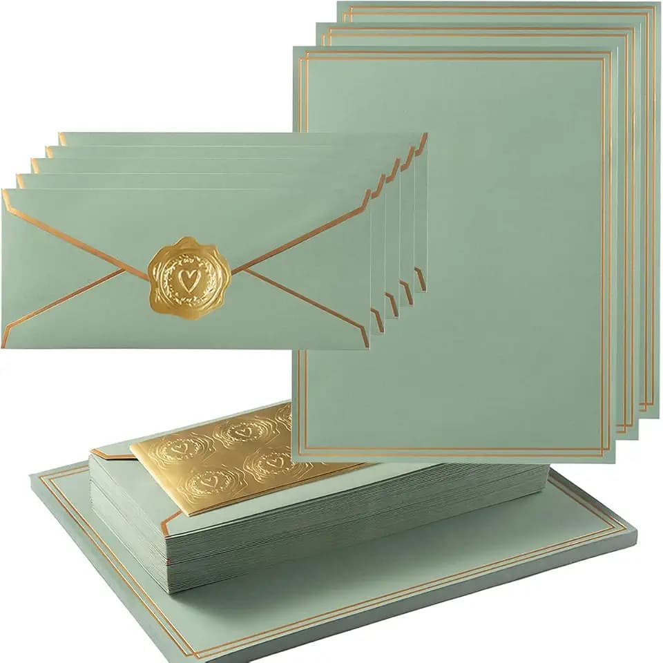 50 Pack Stationery Set with Envelopes, Sage-Green, 8.5x11 Inches