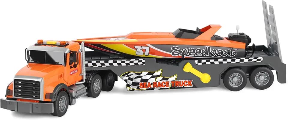 Sea Race Semi Trailer Truck Toy, Large Flatbed Truck Toy Sea Race, Lights and Sounds, Birthday for Kids Boys Age 3 4 5 6+