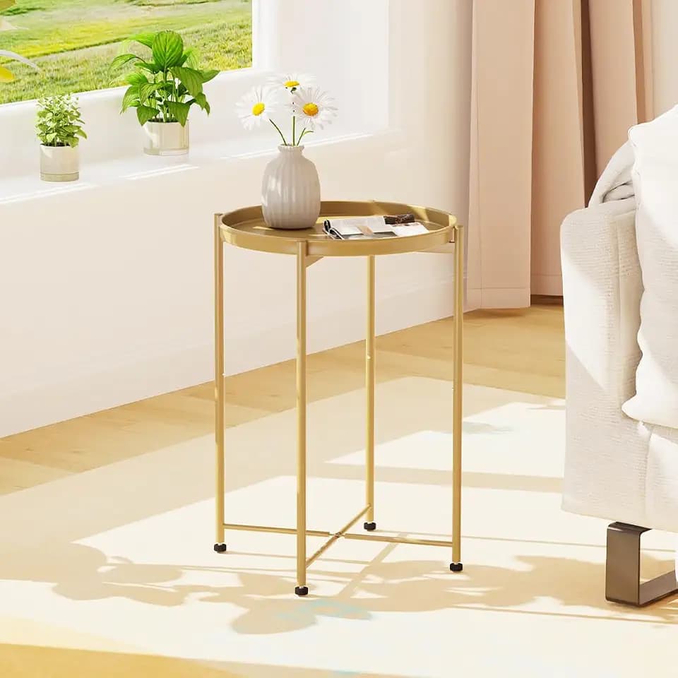 Garden 4 you Small Side Table, Gold Mini Round End Table, Tray Table with Metal Frame, Modern Nightstand for Living Room, Bedroom, Patio, Small Space, 1PCS