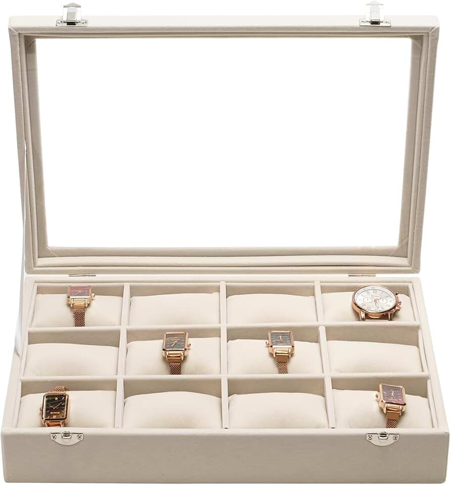 Watch Box Organizer Bracelets Storage Display Case Holder, Beige 12-Slots