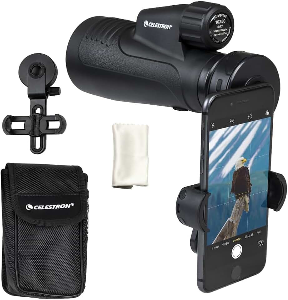 Celestron 72370 Outland X 10x50 Waterproof Monocular with Smartphone Adapter, Bluetooth Remote, Eyepiece Covers and Belt Case - Durable Housing, BaK-4 Prism Glass and Multi-Coated Optics, Black