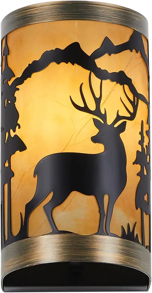 Rustic Wall Sconces Deer Metal Lamp, Black and Gold Farmhouse Wall Light Fixture with Shade, E26 Base Vintage Industrial Lighting for Bedroom, Living Room, or Lodge Cabin (Bulb not Included)
