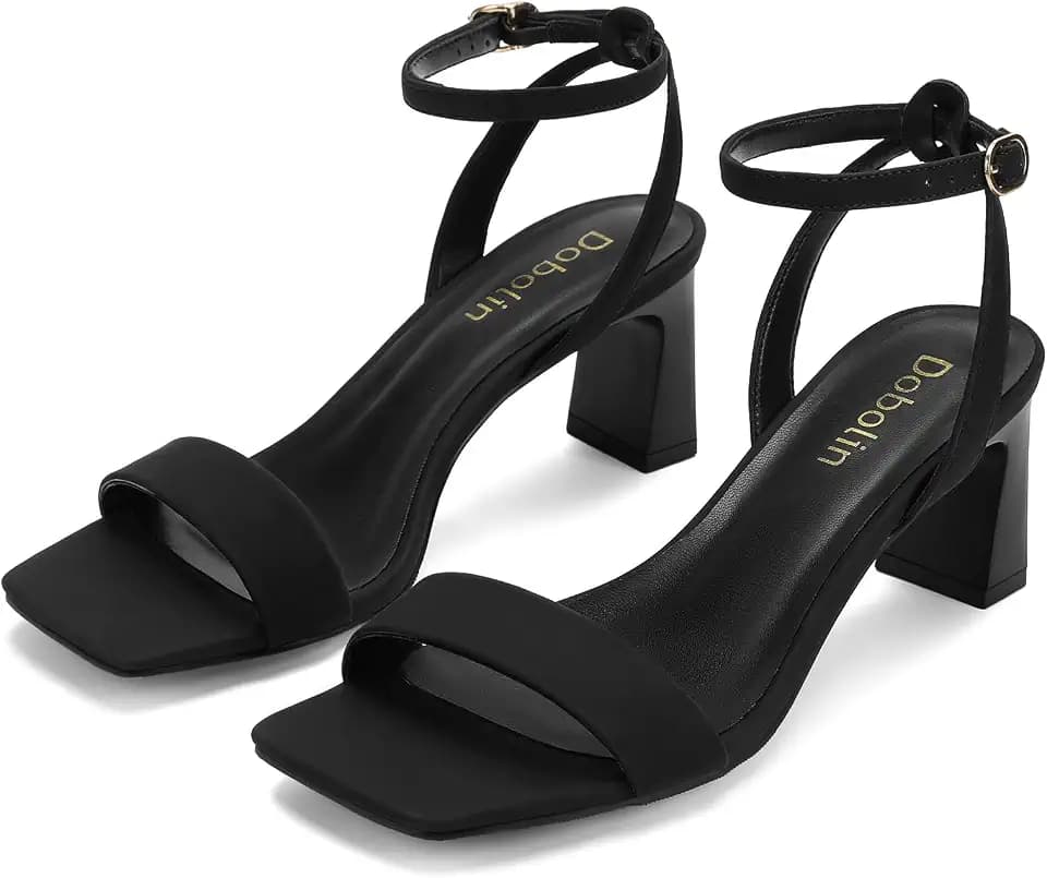 DOBOLIN Black Wide Width Heels for Women 2.64-inch Chunky Heel Sandals