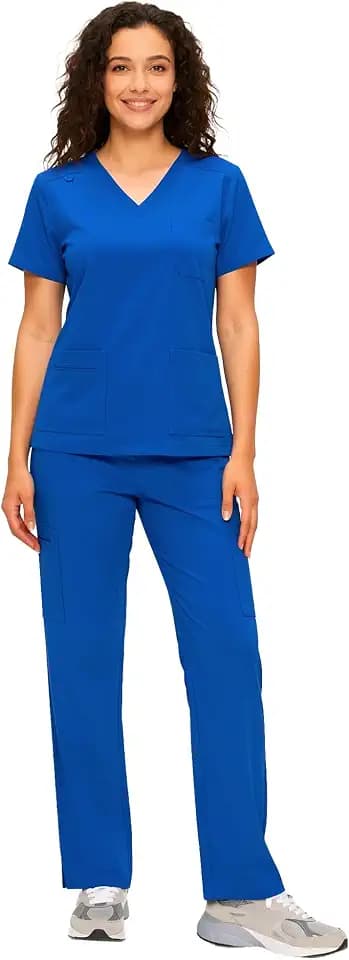 COZYFIT Scrubs for Women - V Neck Top & Cargo Straight Pants 12 Pockets