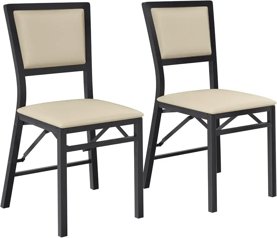 VECELO Folding Dining Chairs Set of 2, Metal Padded Foldable Seating with Comfortable Faux Leather, Space-Saving Portable Guest Seats for Kitchen & Office, No Assembly, Creamy Beige