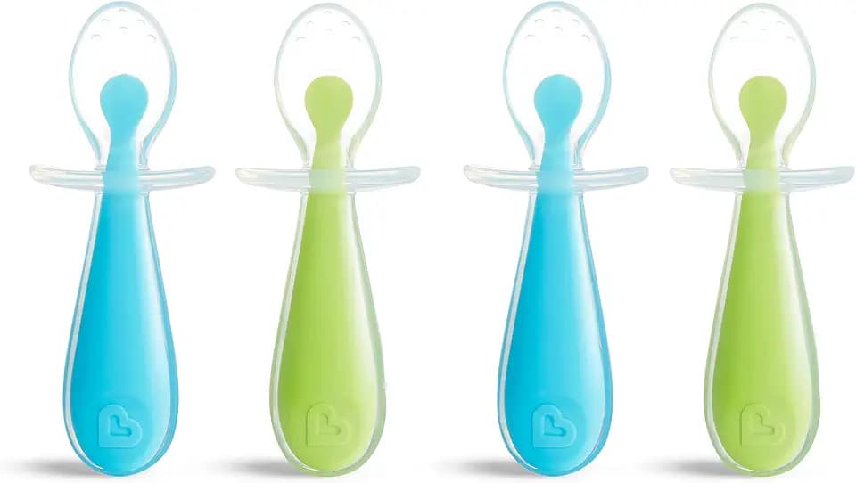 Munchkin® Silicone Scoop™ Trainer Spoons with Choke Guard for Baby Led Weaning, 4 Count, Blue/Green