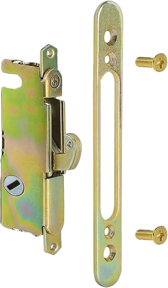 Sliding Glass Door Mortise Lock Replacement, 3-15/16" Screw Hole Spacing Patio Door Latch Replacement, 45 Degree Keyway Hook Lock for Vinyl Aluminum Sliding Doors, Includes Mounting Screws