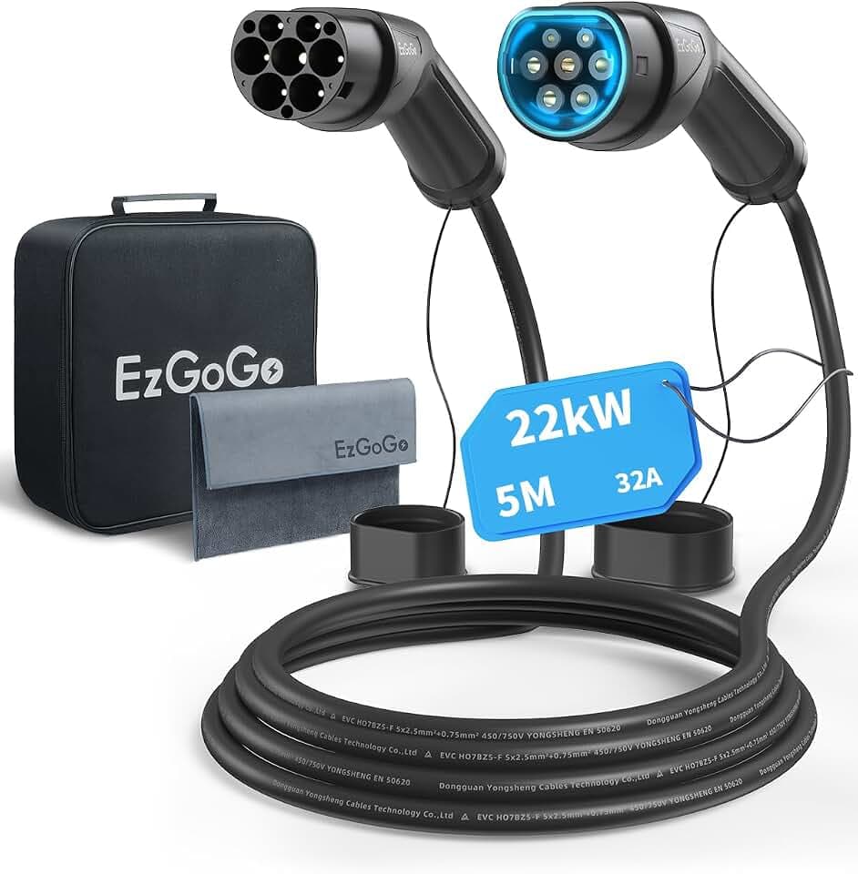 EzGoGo Typ 2 Ladekabel, 22 kW / 32A / 3-Phasig / 5 Meter/Modus 3, Typ 2 EV Ladekabel für Elektroauto mit Tragetasche und Mikrofasertuch