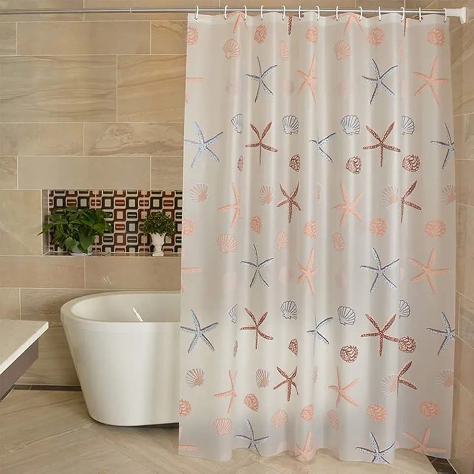 Modern Bathroom Shower Curtain, Waterproof PEVA Plastic Sea Shell Shower Curtain Liner with Hooks Shower Curtain Liner 71 x 71 in,13 Hooks Set