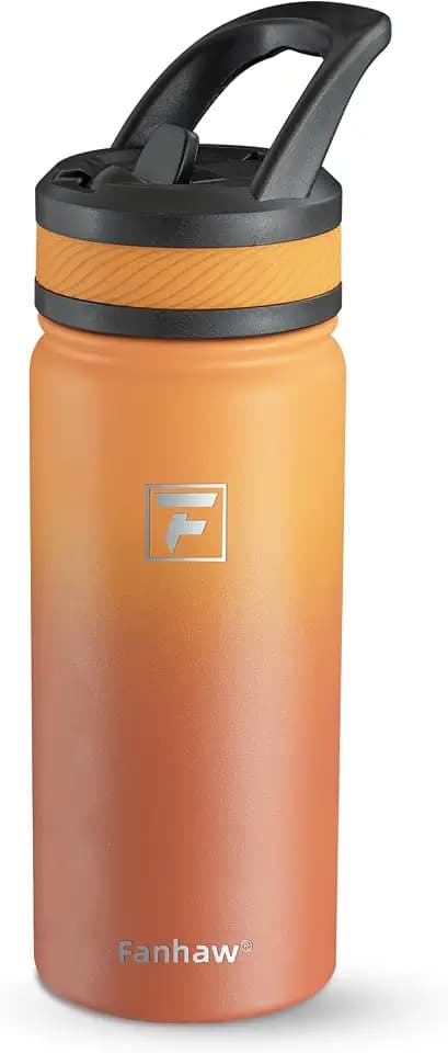 Fanhaw 18 oz Kids Water Bottle for School, Insulated Water Bottle with Straw Lid, Stainless Steel Vacuum Insulated Bottle for Boys & Girls, Leak-Proof, BPA Free(Yellow Orange)