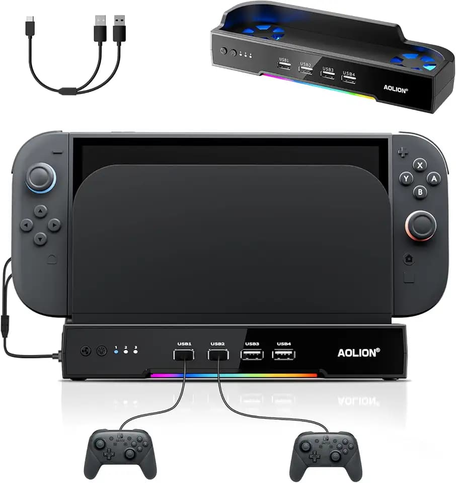 Cooling Fan Docking Station for Switch 2, Dual-Fan, RGB Lighting, 4 USB