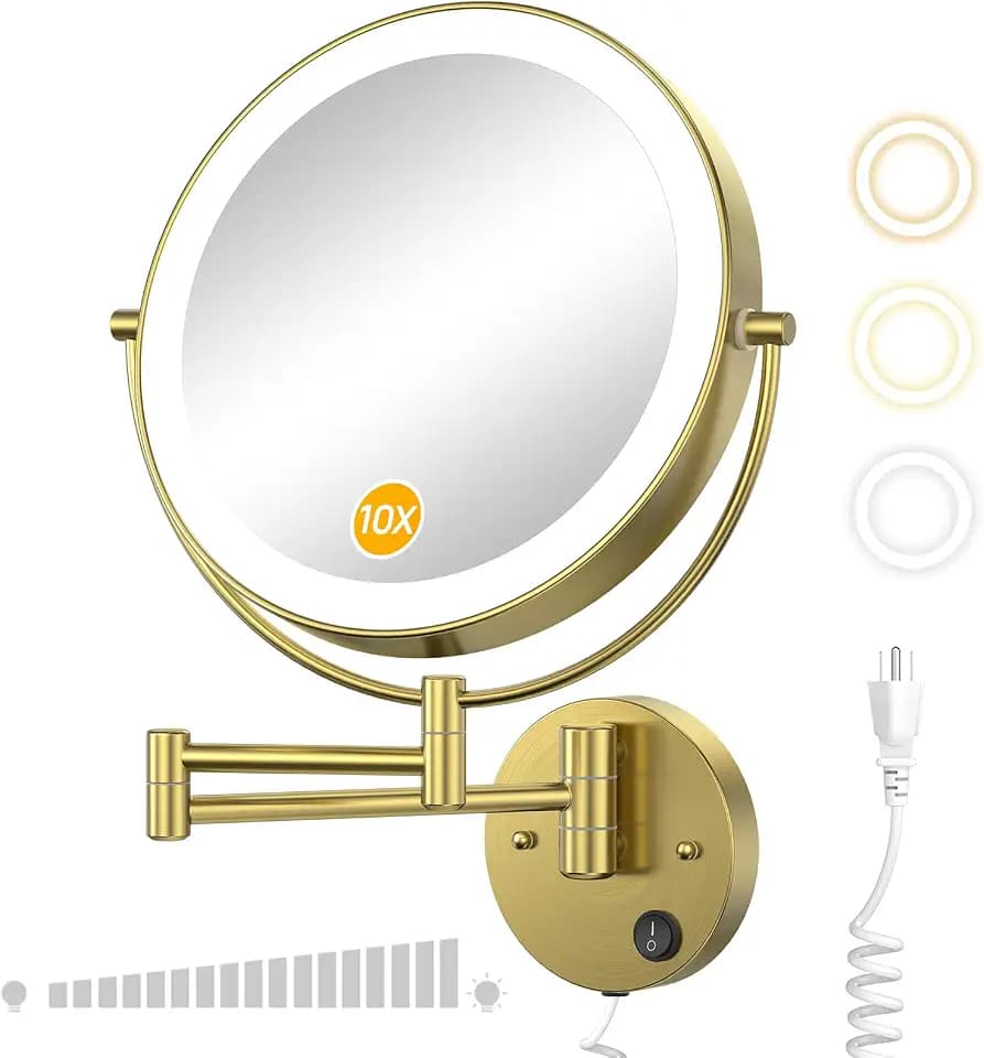 Gospire 9” Wall Mounted Lighted 1X/10X Magnifying Mirror, Gold