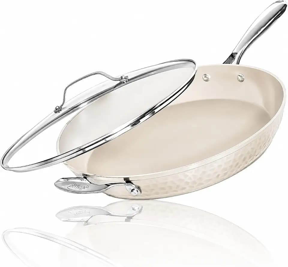 GOTHAM STEEL Hammered 14 Inch Large Nonstick Frying Pan with Lid, Cream