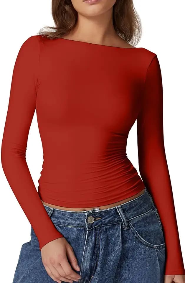 QINSEN Women's Sexy Open Back Long Sleeve Shirts High Neck Double Lined Tees Fitted Going Out Tops