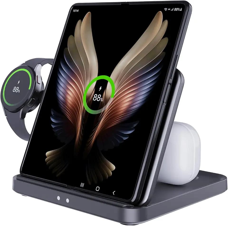 für Samsung Z Fold 7/6/5 Drahtlose Ladestation, 3 in 1 faltbare Schnellladestation Dock für Galaxy Z Fold 4/3, Z Flip 6/5/4/3, S23/S22, Note20/10 Ultra, Watch 6/5/Pro/4/3, Earbuds 2/2 Pro/Live
