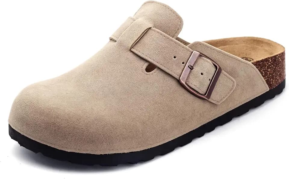 Women's Suede Clogs, Slip-On Mules with Cork Footbed
