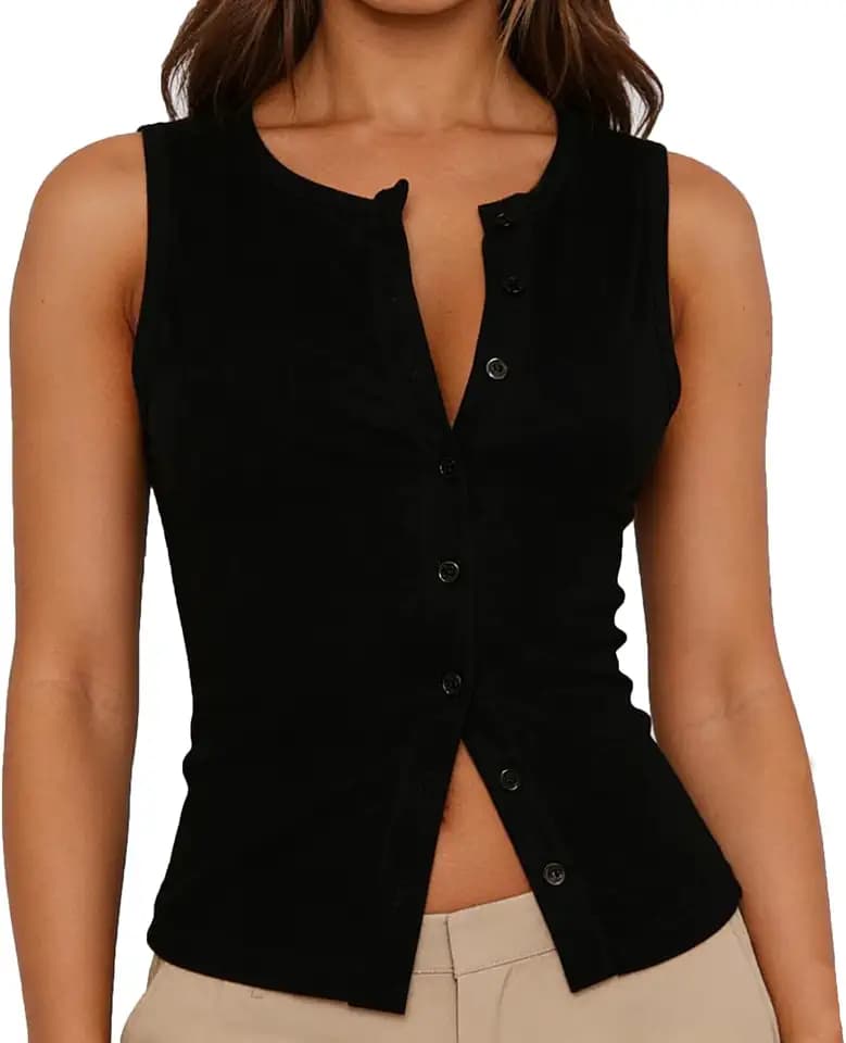 Women Button Down Tank Tops Ribbed Button Up Open Front Sleeveless Shirts Going Out Tops Slim Fit Cami Shirts