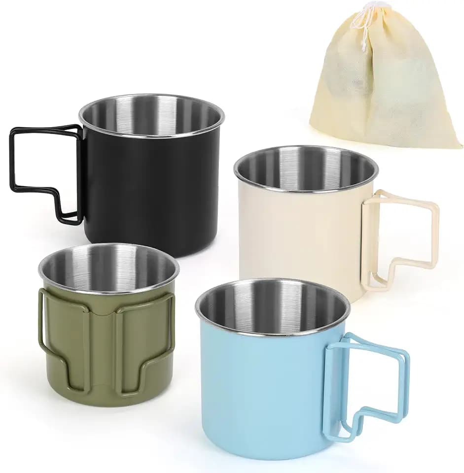 4 Pack Stainless Steel Camping Cups with Foldable Handle, 14.8oz Portable Cups for Coffee & Travel, Dishwasher Safe - Perfect for Picnic, Hiking, Office (4 Colors)