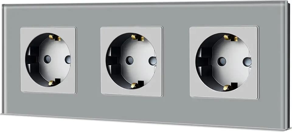 TAWOIA Schuko Steckdose, EU-Standard 3 Fach Glas Unterputz Steckdose 16Amp 250 V, Wandsteckdose mit Kristallglasplatte Grau 86×288mm