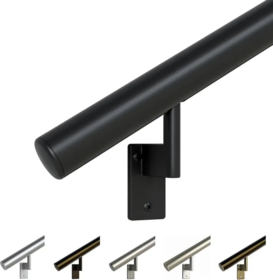Promenaid Satin Black 10ft Flush Handrail Kit - Indoor/Outdoor Stair Handrail - Modern 1.6" Round Satin-Anodized Aluminum Railing with 4 Satin Black Painted Pivoting Wall Brackets & Flush Endcaps